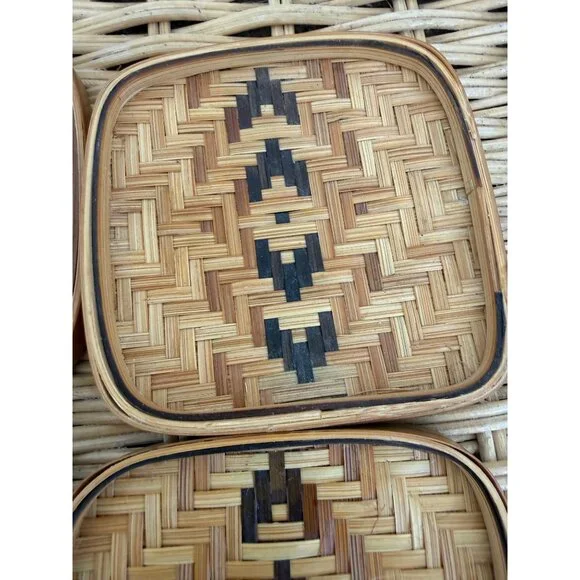 Vintage 70s Wicker Rattan Set of 5 coasters Barware Retro Boho - Picture 4 of 12